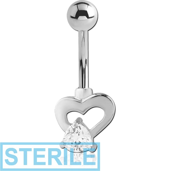 STERILE RHODIUM PLATED BRASS JEWELLED NAVEL BANANA - HEART