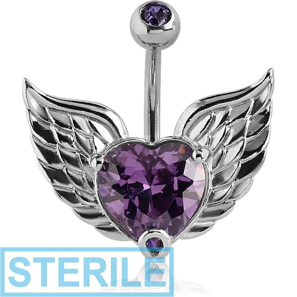 STERILE RHODIUM PLATED BRASS JEWELLED NAVEL BANANA - WINGED HEART
