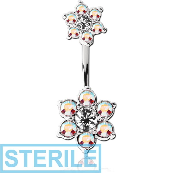 STERILE RHODIUM PLATED BRASS JEWELLED NAVEL BANANA - DOUBLE FLOWER