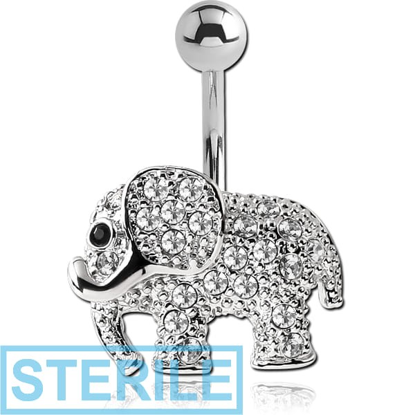 STERILE RHODIUM PLATED BRASS JEWELLED NAVEL BANANA - ELEPHANT