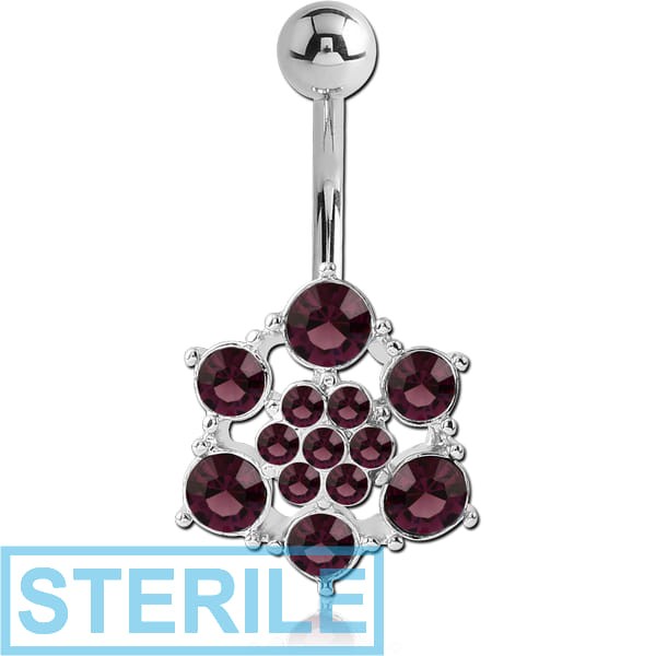 STERILE RHODIUM PLATED BRASS JEWELLED NAVEL BANANA - SNOWFLAKE