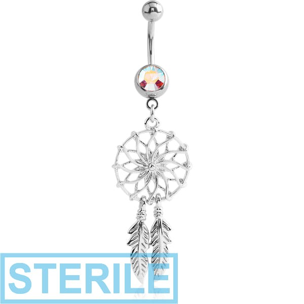 STERILE SURGICAL STEEL JEWELLED NAVEL BANANA WITH DANGLING CHARM - DREAMCATCHER FEATHER