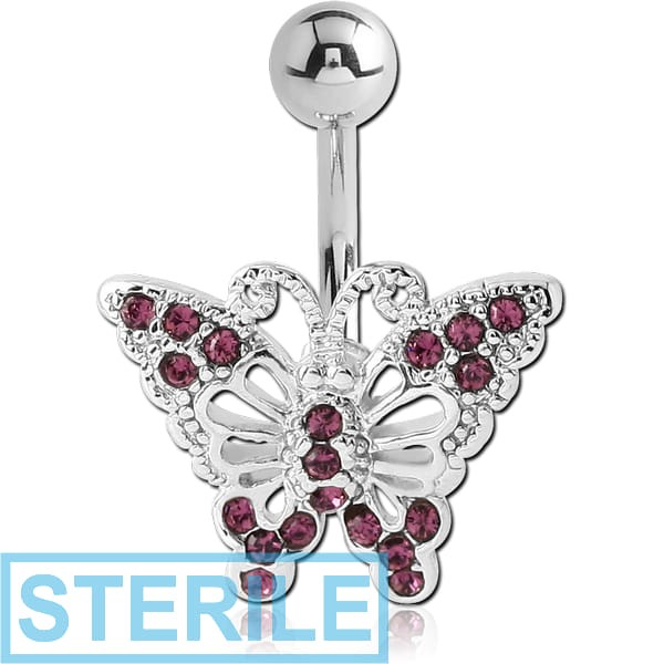STERILE RHODIUM PLATED BRASS JEWELLED NAVEL BANANA - BUTTERFLY
