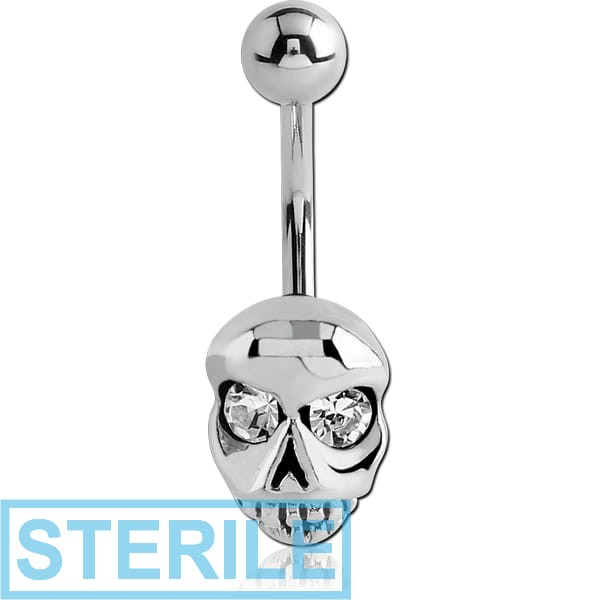 STERILE RHODIUM PLATED BRASS JEWELLED NAVEL BANANA - SKULL