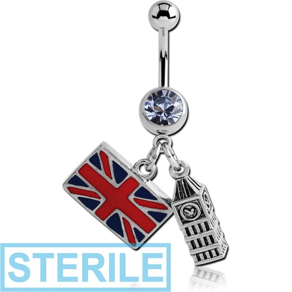 STERILE SURGICAL STEEL JEWELLED NAVEL BANANA WITH DANGLING ENAMEL CHARM - GREAT BRITAIN FLAG AND BIG BEN