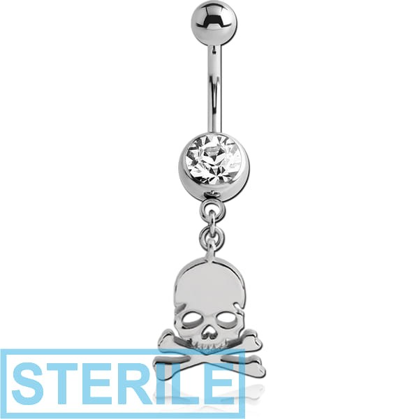 STERILE SURGICAL STEEL JEWELLED NAVEL BANANA WITH DANGLING CHARM - SKULL CROSS