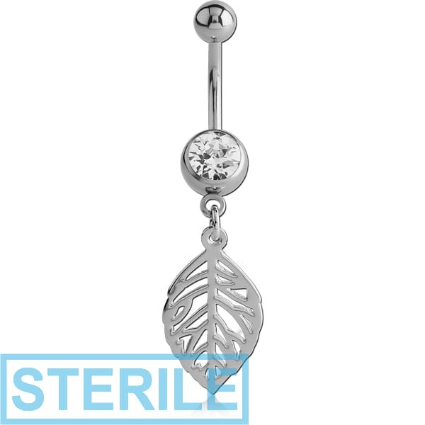 STERILE SURGICAL STEEL JEWELLED NAVEL BANANA WITH DANGLING SILVER PLATED CHARM - LEAF