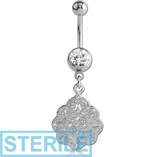 STERILE SURGICAL STEEL JEWELLED NAVEL BANANA WITH DANGLING SILVER PLATED CHARM - FLOWER