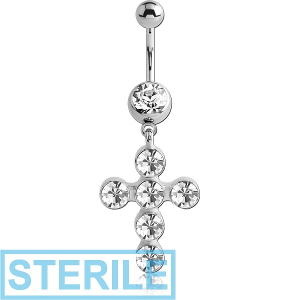 STERILE SURGICAL STEEL JEWELLED NAVEL BANANA WITH DANGLING CHARM - CROSS