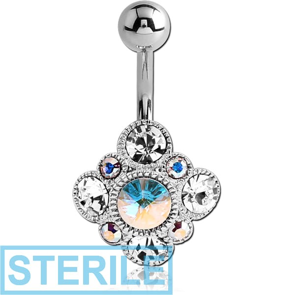 STERILE RHODIUM PLATED BRASS JEWELLED NAVEL BANANA - RHOMBUS