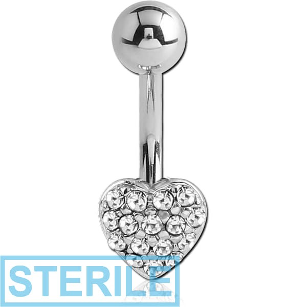 STERILE RHODIUM PLATED BRASS JEWELLED NAVEL BANANA - HEART