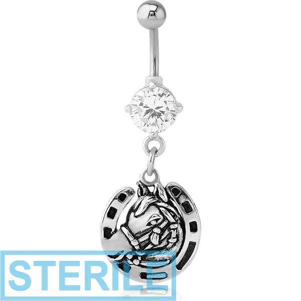 STERILE RHODIUM PLATED BRASS JEWELLED NAVEL BANANA WITH DANGLING CHARM - HORSESHOE
