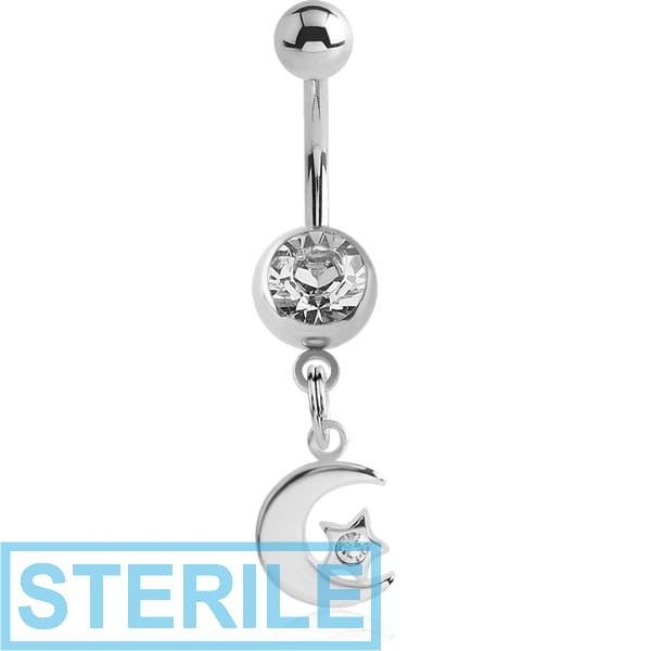 STERILE SURGICAL STEEL JEWELLED NAVEL BANANA WITH DANGLING CHARM - CRESCENT AND STAR