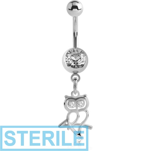 STERILE SURGICAL STEEL JEWELLED NAVEL BANANA WITH DANGLING CHARM - OWL