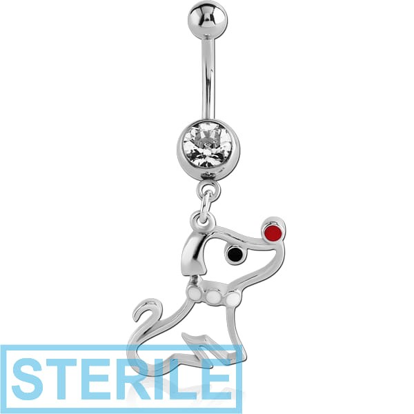 STERILE SURGICAL STEEL JEWELLED NAVEL BANANA WITH DANGLING CHARM - PUPPY