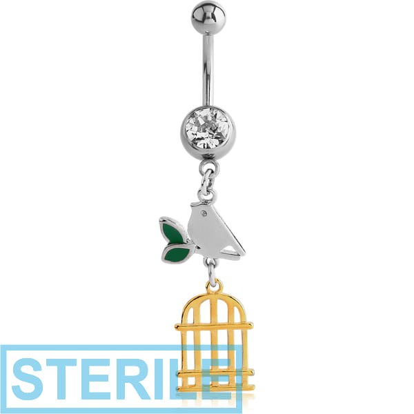 STERILE SURGICAL STEEL JEWELLED NAVEL BANANA WITH DANGLING ENAMEL AND GOLD PLATED CHARM - BIRD AND CAGE