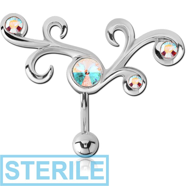 STERILE RHODIUM PLATED BRASS JEWELLED REVERSE NAVEL BANANA - TRIBLE