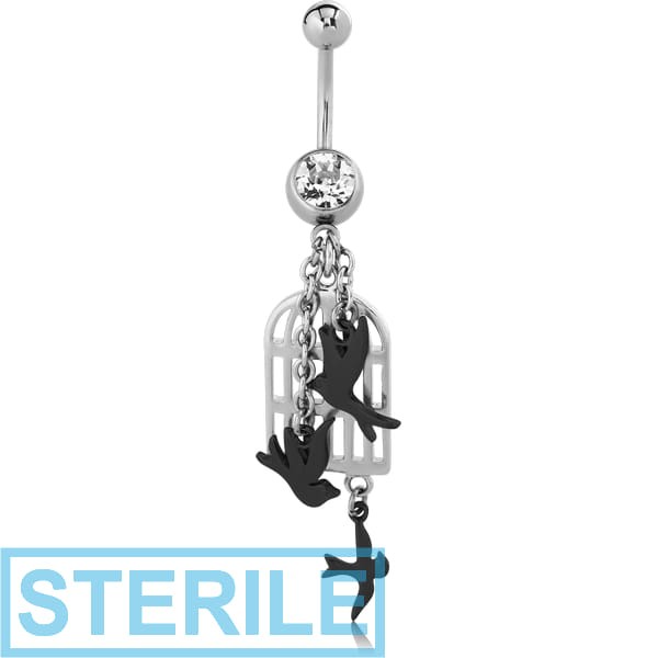 STERILE SURGICAL STEEL JEWELLED NAVEL BANANA WITH DANGLING BLACK PVD CHARM - BIRDS AND CAGE