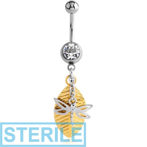 STERILE SURGICAL STEEL JEWELLED NAVEL BANANA WITH DANGLING GOLD PLATED CHARM - LEAF AND DRAGONFLY