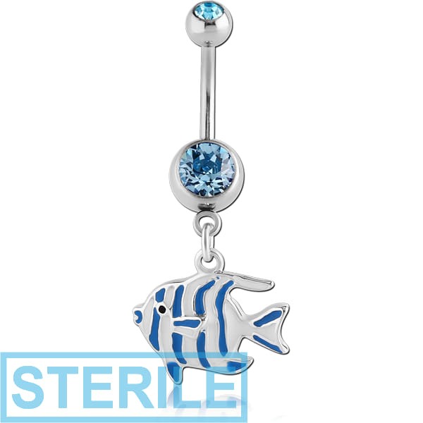 STERILE SURGICAL STEEL JEWELLED NAVEL BANANA WITH DANGLING ENAMEL CHARM - FISH