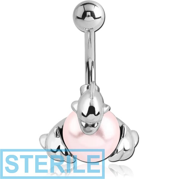 STERILE RHODIUM PLATED BRASS JEWELLED NAVEL BANANA - DOLPHIN