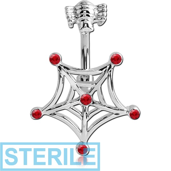 STERILE RHODIUM PLATED BRASS JEWELLED NAVEL BANANA - SPIDER AND WEB