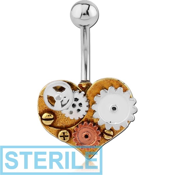 STERILE SURGICAL STEEL JEWELLED NAVEL BANANA WITH DANGLING BRASS WHITE METAL AND COPPER PARTS CHARM - STEAMPUNK