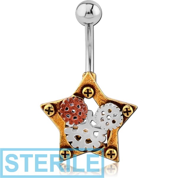 STERILE SURGICAL STEEL JEWELLED NAVEL BANANA WITH DANGLING BRASS WHITE METAL AND COPPER PARTS CHARM - STEAMPUNK
