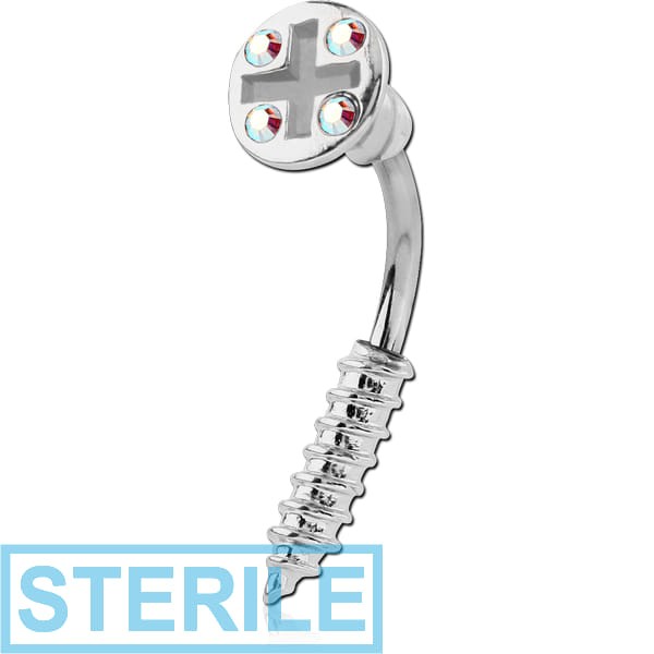 STERILE RHODIUM PLATED BRASS JEWELLED NAVEL BANANA - TWO-SIDED SCREW