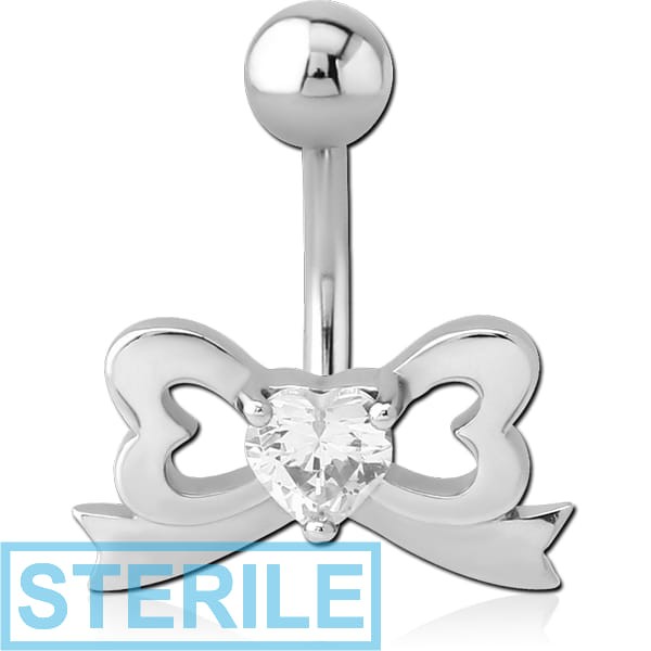 STERILE RHODIUM PLATED BRASS JEWELLED NAVEL BANANA - BOW