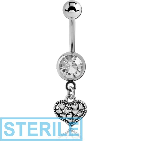 STERILE RHODIUM PLATED BRASS JEWELLED NAVEL BANANA WITH CHARM - HEARTS IN HEART