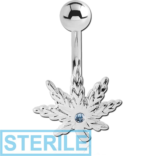 STERILE RHODIUM PLATED BRASS VALUE JEWELLED NAVEL BANANA - MARIJUANA LEAF
