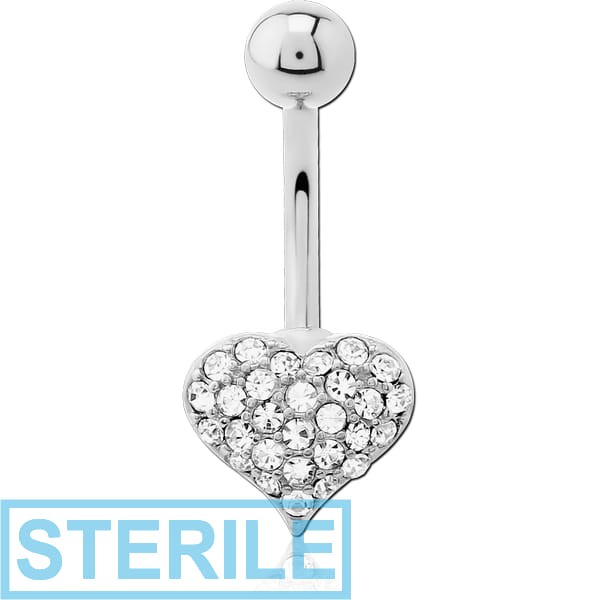 STERILE RHODIUM PLATED BRASS JEWELLED NAVEL BANANA - HEART