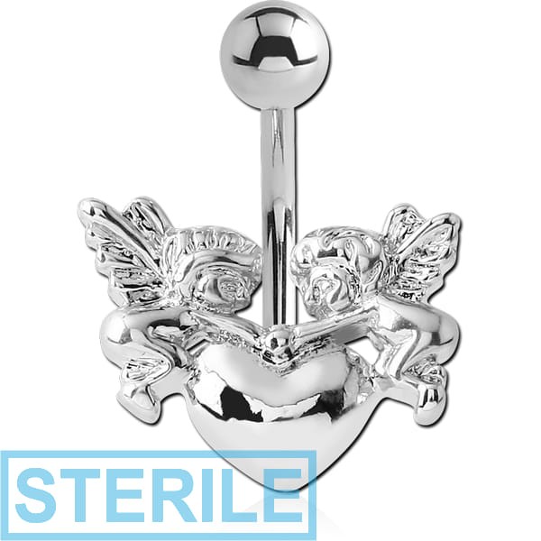 STERILE RHODIUM PLATED BRASS JEWELLED NAVEL BANANA - CHERUBS HOLD HEART