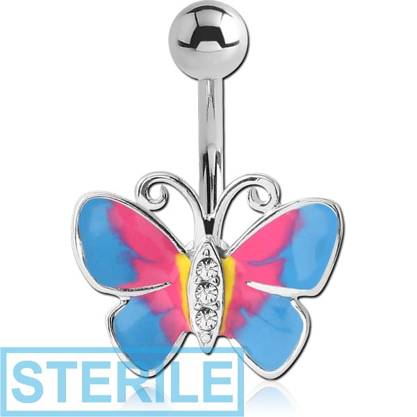 STERILE RHODIUM PLATED BRASS JEWELLED NAVEL BANANA - BUTTERFLY