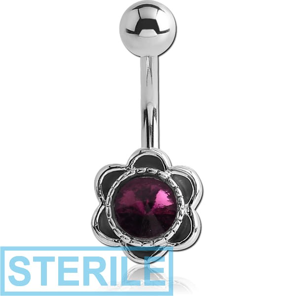 STERILE RHODIUM PLATED BRASS HIGH END CRYSTALS JEWELLED NAVEL BANANA - FLOWER