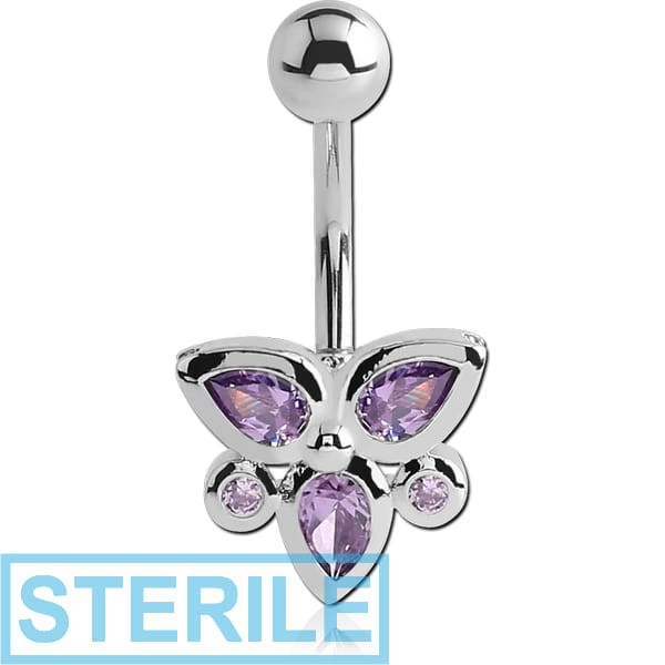 STERILE RHODIUM PLATED BRASS JEWELLED NAVEL BANANA - BUTTERFLY