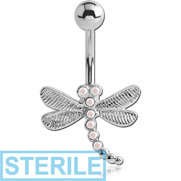 STERILE RHODIUM PLATED BRASS JEWELLED NAVEL BANANA - DRAGONFLY