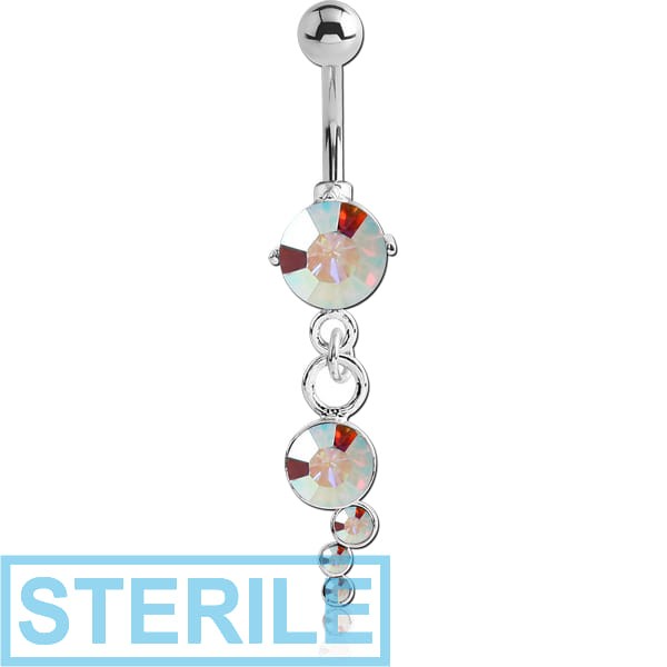 STERILE RHODIUM PLATED BRASS JEWELLED NAVEL BANANA WITH DANGLING CHARM - ROUND