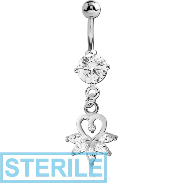 STERILE RHODIUM PLATED BRASS JEWELLED NAVEL BANANA WITH DANGLING CHARM - HEART