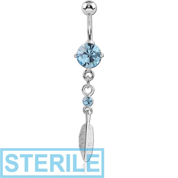 STERILE RHODIUM PLATED BRASS JEWELLED NAVEL BANANA WITH DANGLING CHARM - FEATHER