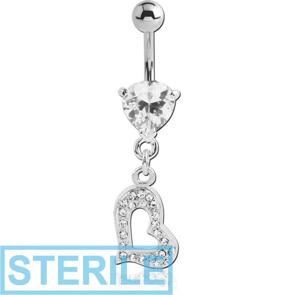 STERILE RHODIUM PLATED BRASS JEWELLED HEART NAVEL BANANA WITH DANGLING CHARM - HEART