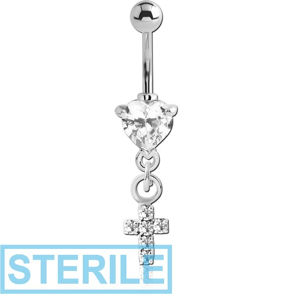 STERILE RHODIUM PLATED BRASS JEWELLED HEART NAVEL BANANA WITH DANGLING CHARM - CROSS