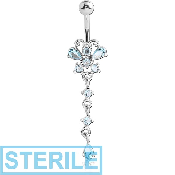 STERILE RHODIUM PLATED BRASS JEWELLED BUTTERFLY NAVEL BANANA WITH DANGLING CHARM - PEAR