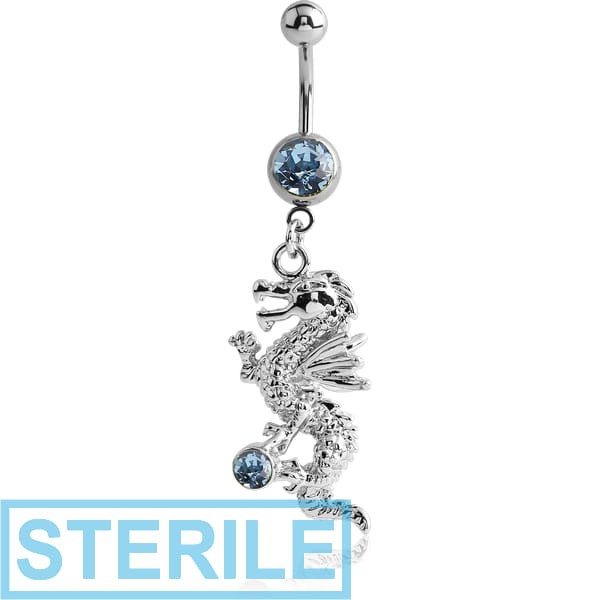 STERILE SURGICAL STEEL JEWELLED NAVEL BANANA WITH DANGLING CHARM - DRAGON