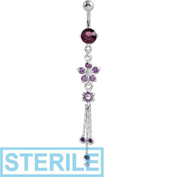 STERILE RHODIUM PLATED BRASS JEWELLED NAVEL BANANA WITH DANGLING CHARM - FLOWERS