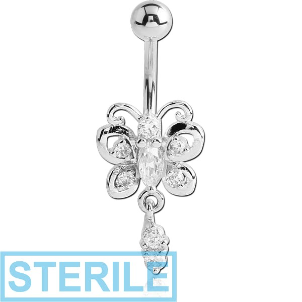 STERILE RHODIUM PLATED BRASS JEWELLED BUTTERFLY NAVEL BANANA WITH DANGLING CHARM - DOUBLE JEWEL
