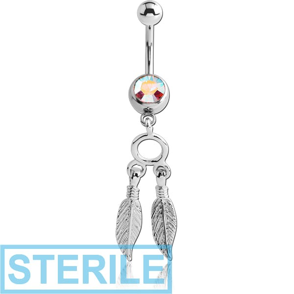 STERILE SURGICAL STEEL JEWELLED VALUE NAVEL BANANA WITH DANGLING CHARM - FEATHER