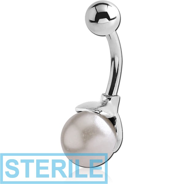 STERILE RHODIUM PLATED BRASS JEWELLED NAVEL BANANA WITH SYNTHETIC PEARL