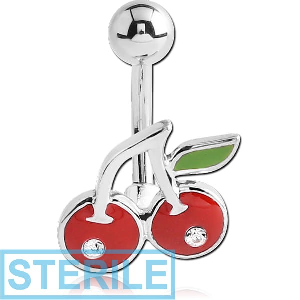 STERILE RHODIUM PLATED BRASS JEWELLED NAVEL BANANA WITH ENAMEL - CHERRIES